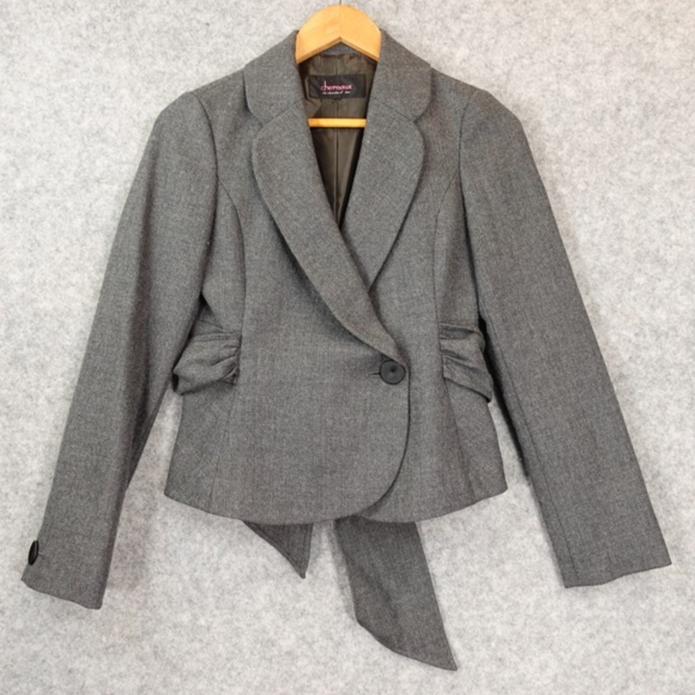 Tailored Crop Corpcore Blazer Womens XS Gray Office Tie Back Wool CHEREAUX JAPAN